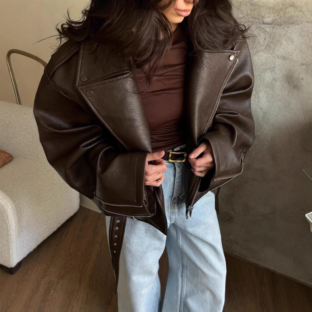 Damen elegante Kunstlederjacke mit Gürtel und übergroßen Ärmeln R&B