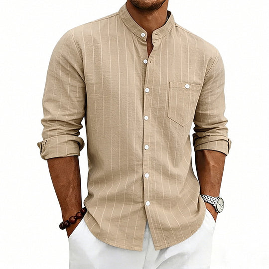 Herren nan atmungsaktives Nadelstreifen-Langarmhemd mit Stehkragen, Brusttasche und abgerundetem Saum R&B