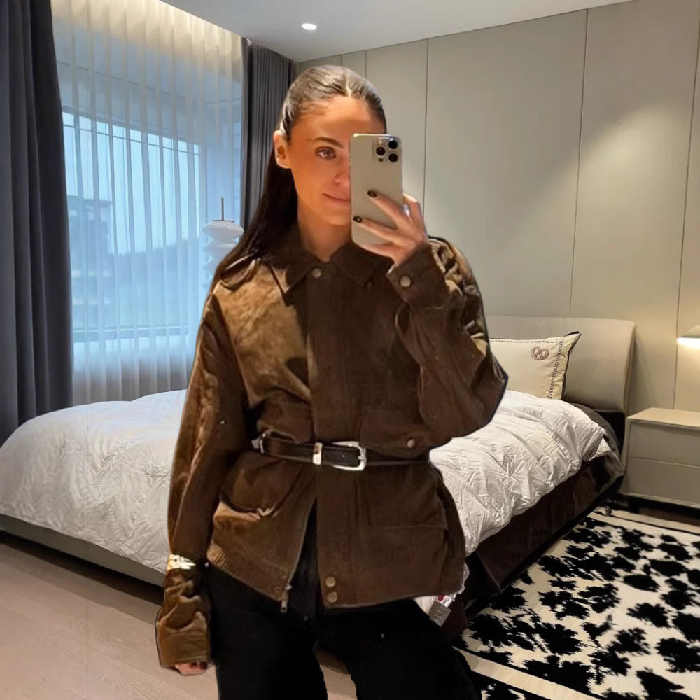 Damen stylische Utility-Jacke mit Gürtel und praktischen Taschen R&B