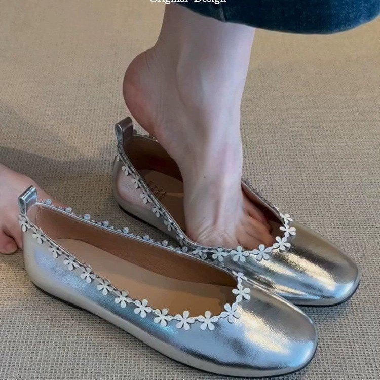 Damen bequeme Filz-Ballerinas mit zartem Blumenapplikationsdesign R&B