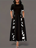 Damen elegantes Maxikleid mit modischem Pinselstrich-Muster und praktischen Taschen R&B