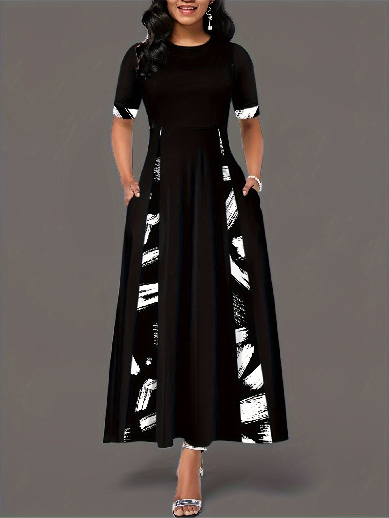 Damen elegantes Maxikleid mit modischem Pinselstrich-Muster und praktischen Taschen R&B