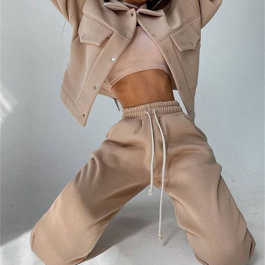 Damen lässiges Fleece-Set mit praktischer Jacke und bequemen Jogginghosen R&B