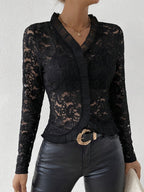 Damen elegante Spitzenbluse mit Rüschendetails R&B