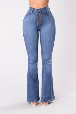 Damen Flared Jeans mit hohem Bund und dekorativer Knopfleiste R&B