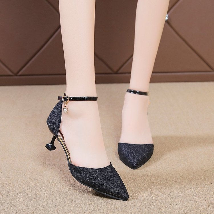 Damen elegante Glitzerpumps mit transparentem Riemen und goldener Fessel R&B