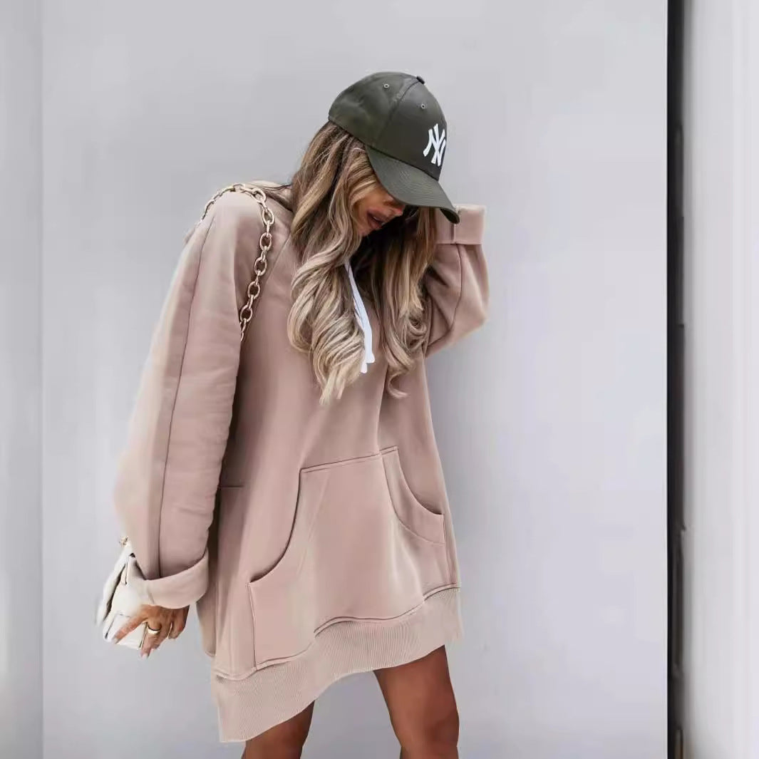 Damen lässiges Kapuzenkleid mit praktischen Eingrifftaschen und seitlichen Schlitzen R&B
