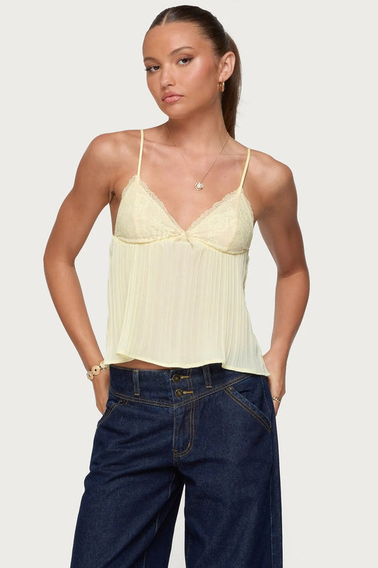 Damen Chiffon Top mit Spitzenakzenten und plissiertem Design R&B