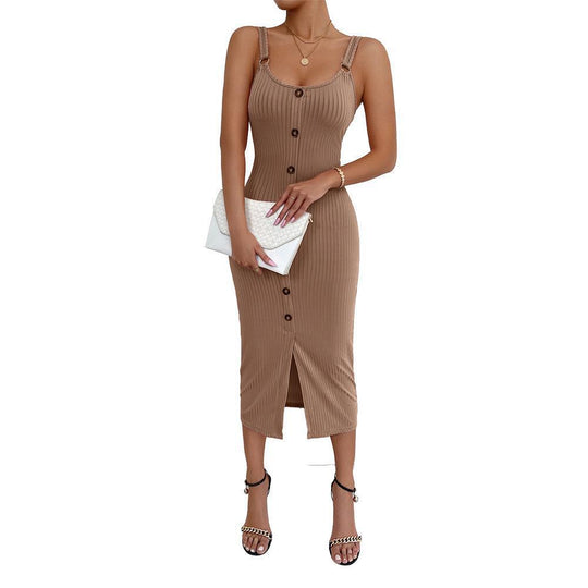 Damen Knielanges Kleid mit vertikalem Rippdesign und praktischen Knopfdetails R&B