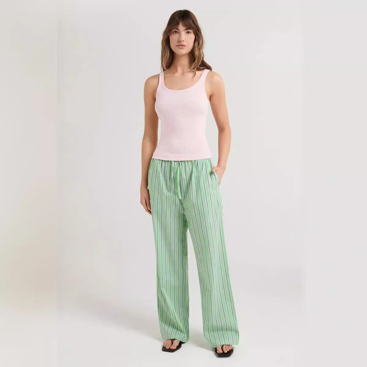Damen lässige bequeme Schlafhose aus leichtem Baumwollstoff mit eleganten Streifen R&B