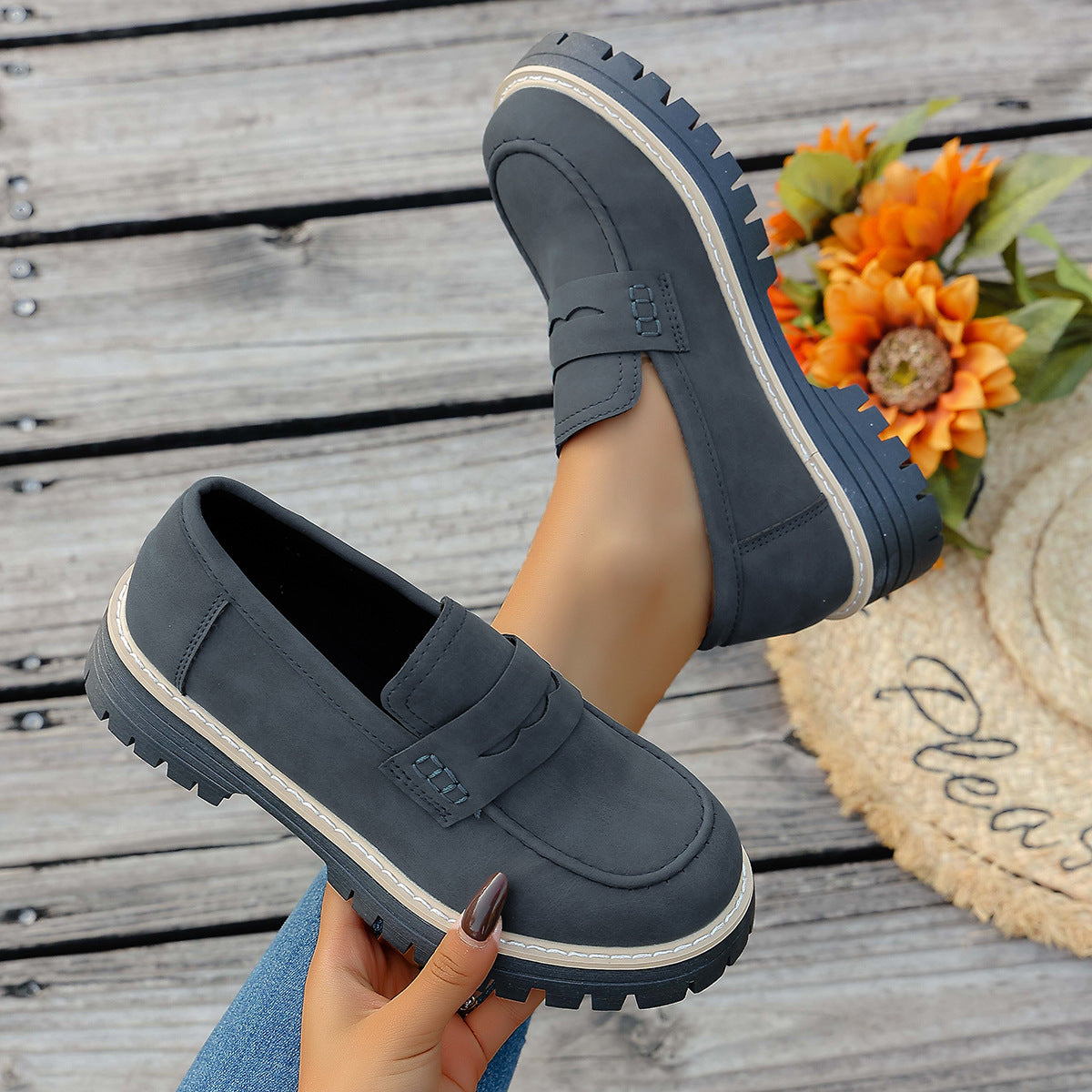 Damen Mokassin-Slipper mit rutschfester Profilsohle und modischer Lederoberfläche R&B