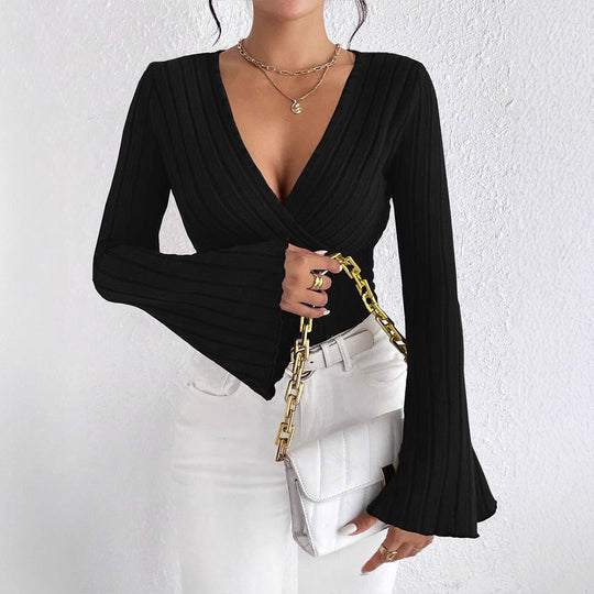Damen elegantes Wickeloberteil mit Rippstrick und gedrilltem Design R&B
