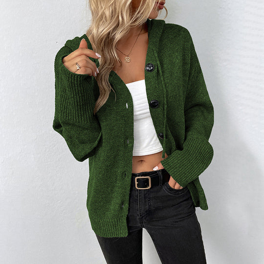 Damen lässige Strickjacke mit Kapuze und Knopfverschluss R&B
