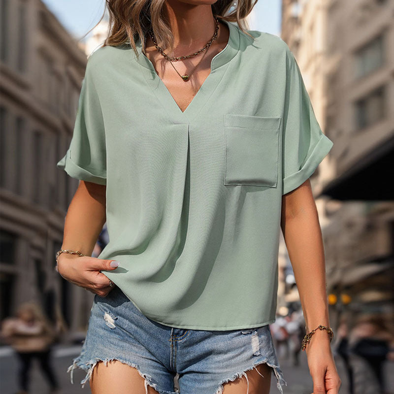 Damen Lässiges V-Ausschnitt Blusenshirt mit Brusttasche und umgeschlagenen Ärmeln R&B