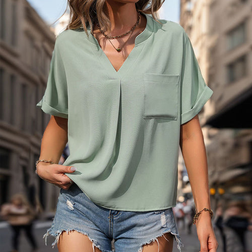 Damen Lässiges V-Ausschnitt Blusenshirt mit Brusttasche und umgeschlagenen Ärmeln R&B