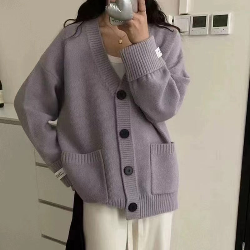 Damen Grob gestrickter Cardigan mit großen Taschen und tiefem V-Ausschnitt R&B