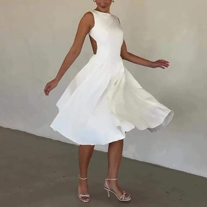 Damen Elegantes Midi-Kleid mit tailliertem Oberteil und schwingendem Rock R&B