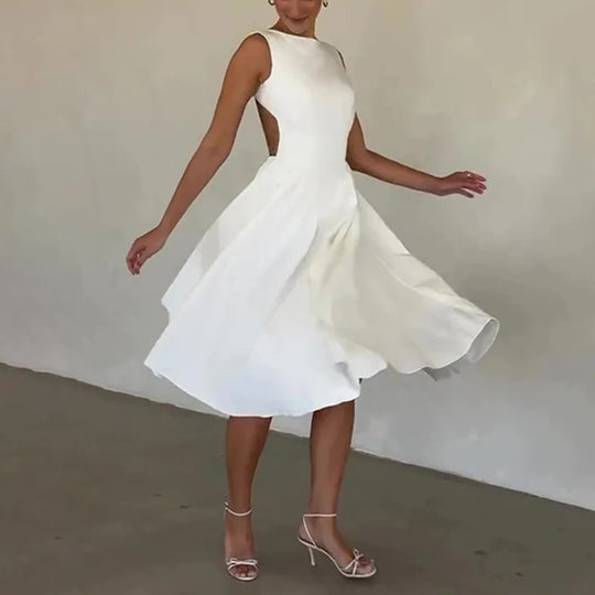 Damen Elegantes Midi-Kleid mit tailliertem Oberteil und schwingendem Rock R&B