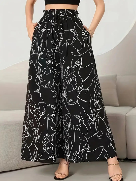 Damen Weite Palazzo-Hose mit elastischem Bund und künstlerischem Muster R&B
