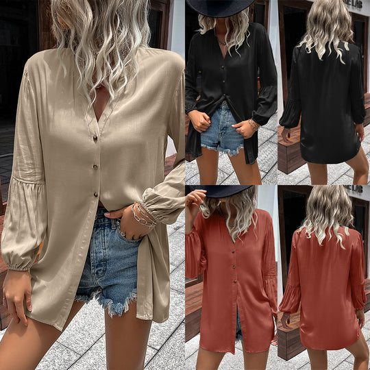 Damen lässige Bluse mit V-Ausschnitt und Ballonärmeln R&B