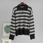 Damen Gestreifter Polo-Pullover mit Knopfleiste und langem Schnitt R&B