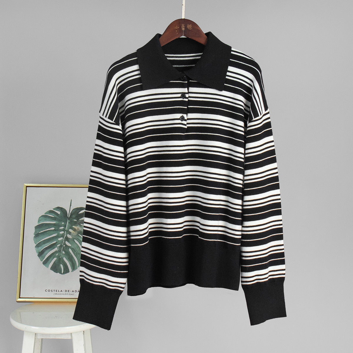 Damen Gestreifter Polo-Pullover mit Knopfleiste und langem Schnitt R&B