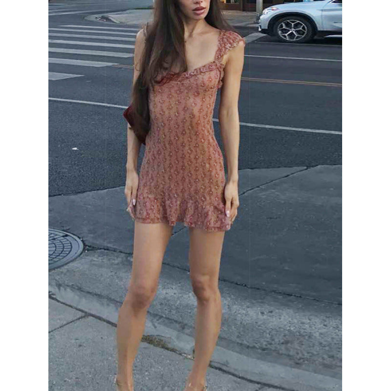 Damen Spitzen-Nachtkleid mit verzierten Rüschendetails und transparentem Stoff R&B