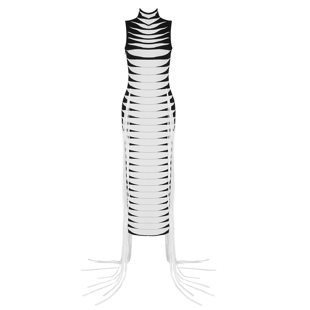 Damen körperbetontes Maxikleid mit Fransen und grafischem Design R&B