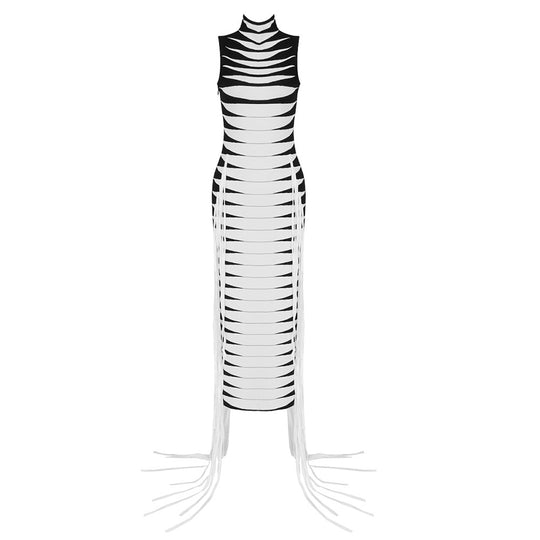 Damen körperbetontes Maxikleid mit Fransen und grafischem Design R&B