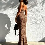 Damen Elegantes tierisches Maxikleid mit Spaghetti-Trägern und figurbetontem Schnitt R&B