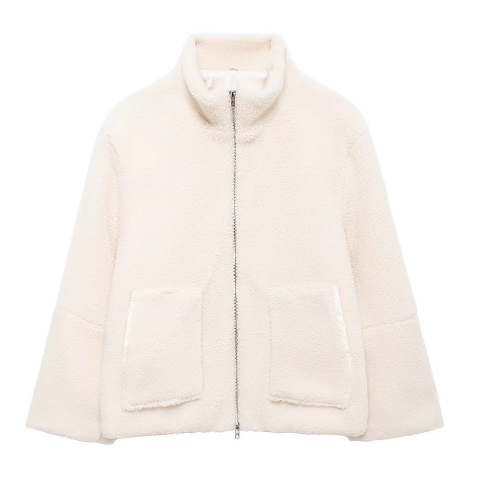 Damen kuschelige Fleecejacke mit hohen Kragen und großen Taschen R&B