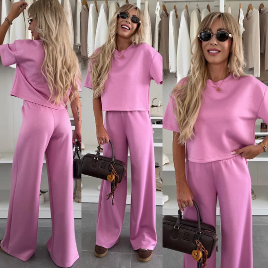 Damen lässiges Lounge-Set mit cropped T-Shirt und weitem Hosen R&B