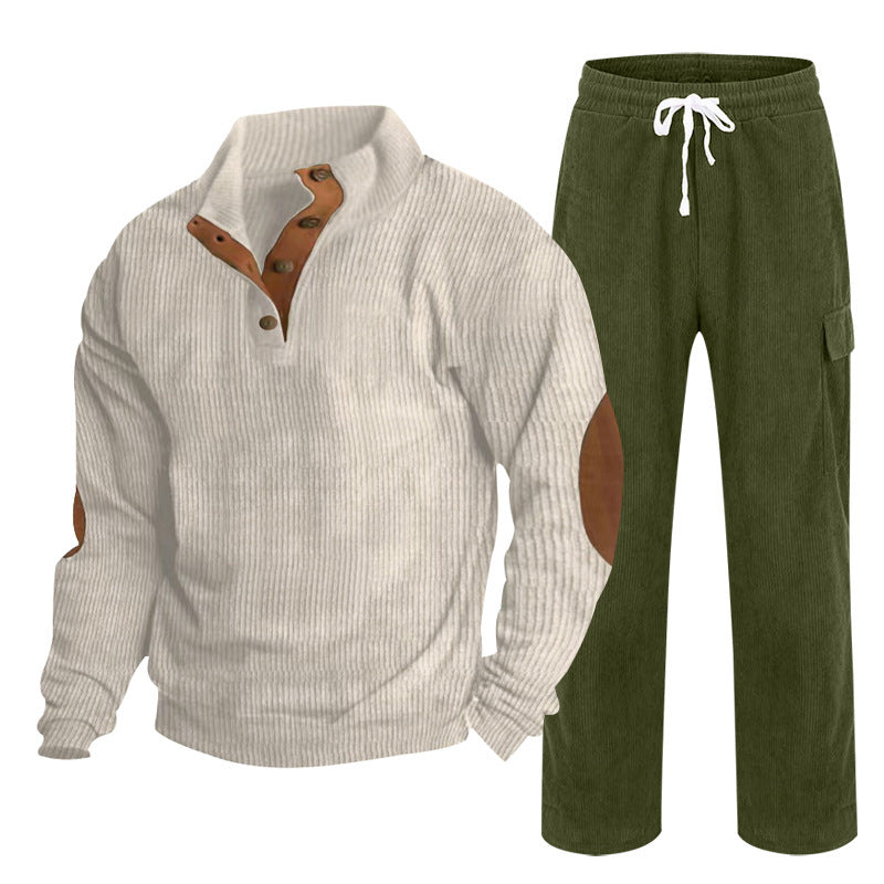 Herren nan Strick-Freizeitset mit Knopfleiste und Ellenbogenaufnähern sowie Cord-Cargohose R&B