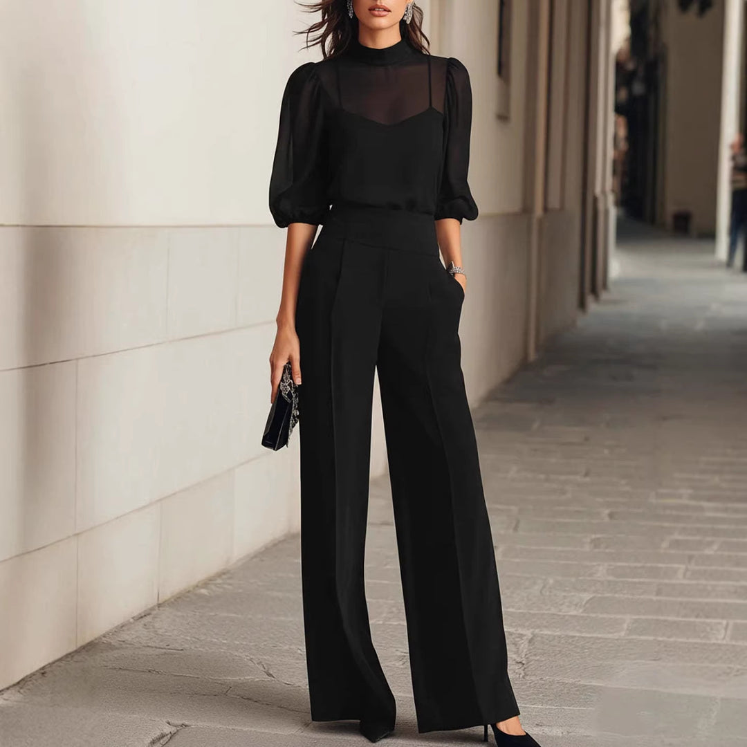 Damen elegantes Blusenset mit weiten Beinen und transparenten Ärmeln R&B