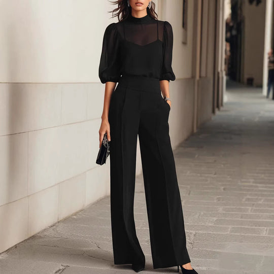Damen elegantes Blusenset mit weiten Beinen und transparenten Ärmeln R&B