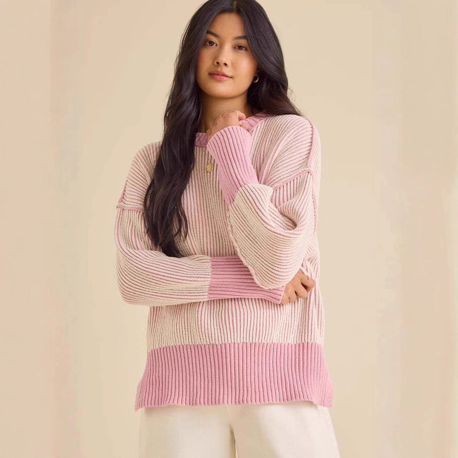 Damen lässiger Strickpullover mit modernem Rippenmuster und überschnittenen Schultern R&B