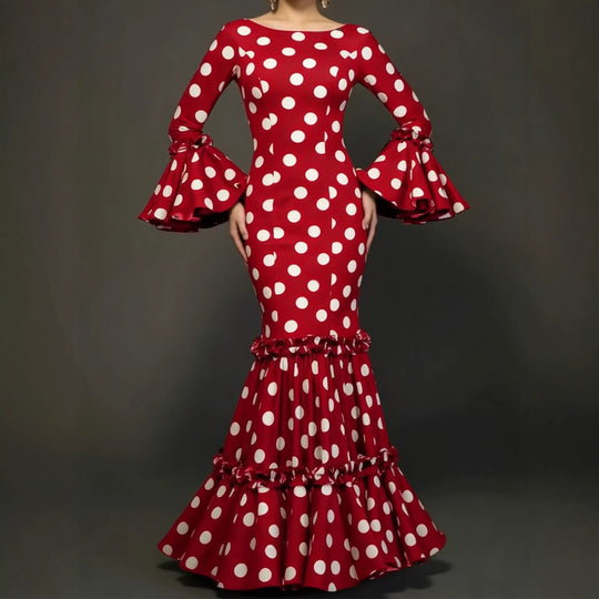 Damen Elegantes Maxikleid mit auffälligem Volant und Polka-Dots R&B