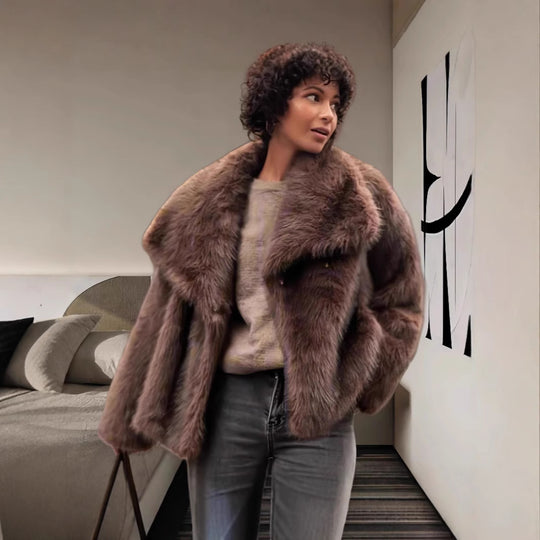 Damen Luxuriöse Kunstpelzjacke mit breitem Kragen R&B