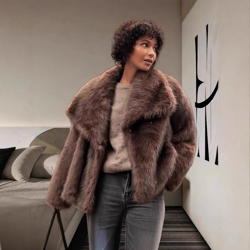 Damen Luxuriöse Kunstpelzjacke mit breitem Kragen R&B
