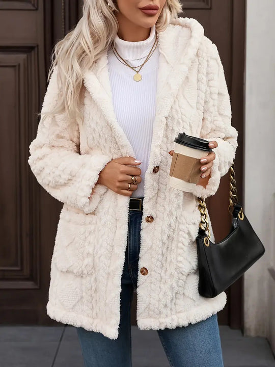 Damen angenehme und weiche Plüschjacke mit Kapuze und Taschen R&B