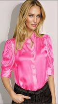 Damen elegante Satinbluse mit Puffärmeln und modernem Kragen