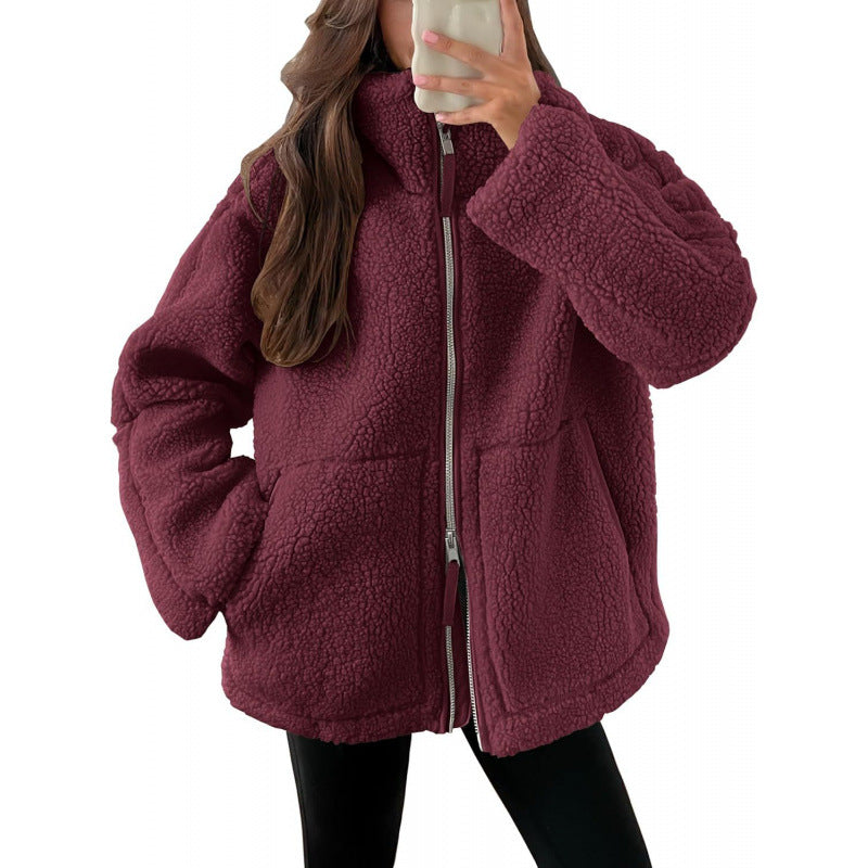 Damen Kuschelige Teddyfelljacke mit hohen Kragen und Reißverschluss R&B