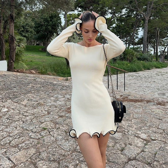 Damen figurbetontes Mini-Kleid mit kreativen Rüschen und langen Ärmeln R&B