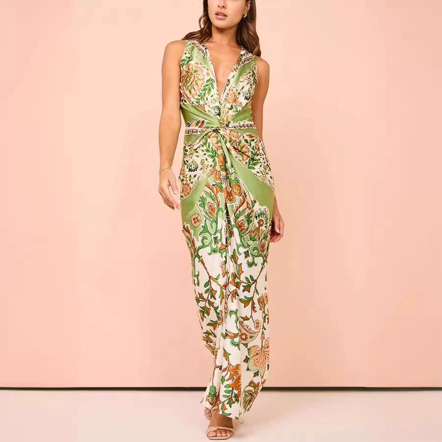 Damen Maxikleid mit floralem Muster und elegantem Knotendetail R&B