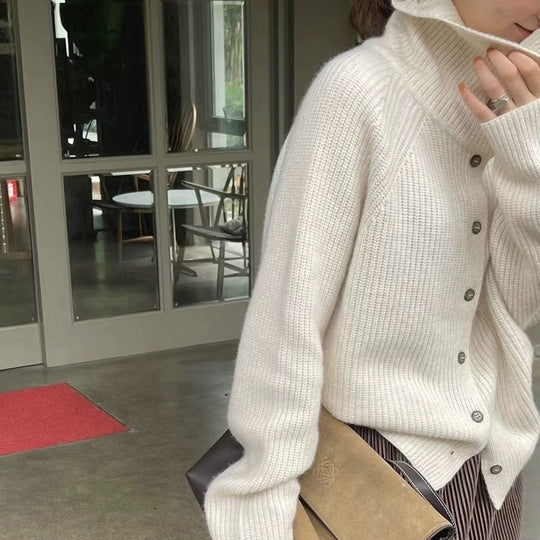 Damen Strickjacke mit hohem Kragen und Knopfverschluss R&B