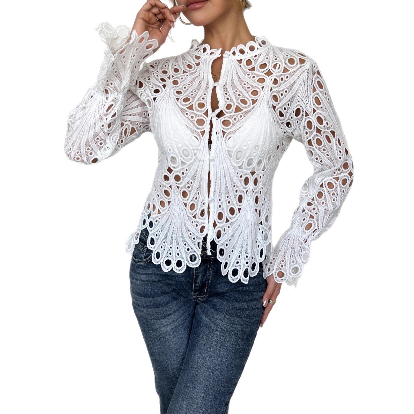 Damen Spitze Bluse mit eleganten Cut-Outs und figurschmeichelndem Design R&B