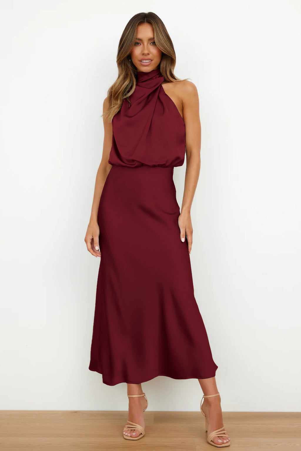 Damen Fließendes Maxikleid mit elegantem Stehkragen und Drapierung R&B