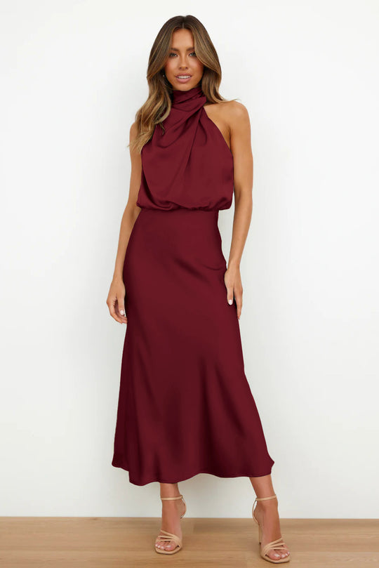 Damen Fließendes Maxikleid mit elegantem Stehkragen und Drapierung R&B