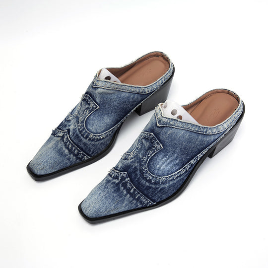 Damen stilvolle Jeans-Pantoletten mit spitzem Zehenbereich und Blockabsatz R&B