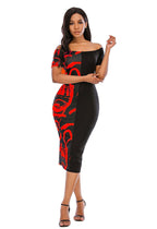 Damen Elegantes Off-Shoulder-Midikleid mit grafischem Druck und taillierter Silhouette R&B